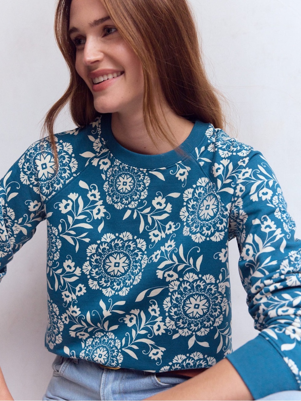 Boden Emi Blue Decorative Floral Medallion Printed Sweatshirt